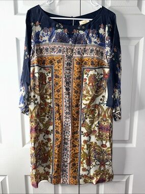 Mauve Navy & Gold Floral Border Midi Dress